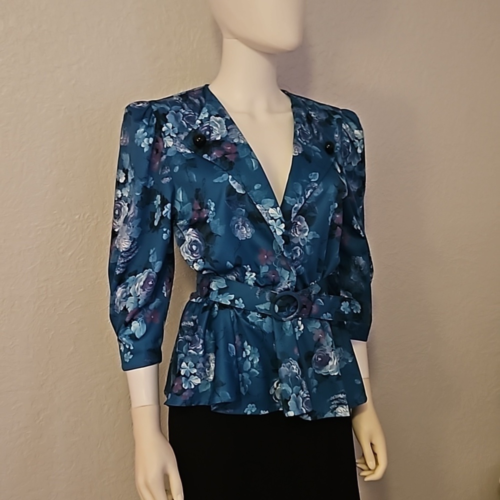 VTG 1980s TABBY Teal Floral Surplice Belt Waist Peplum Castlecore Blouse - Picture 2 of 8